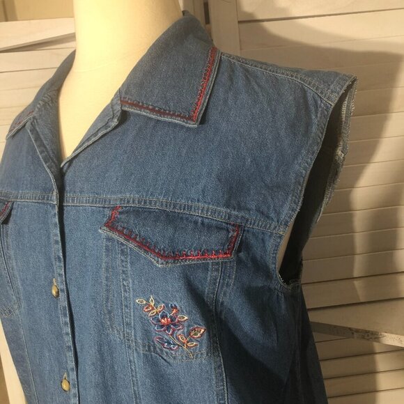 Vintage 90s Y2K Denim Vest Embroidered Floral Cotton 2X - Picture 10 of 12